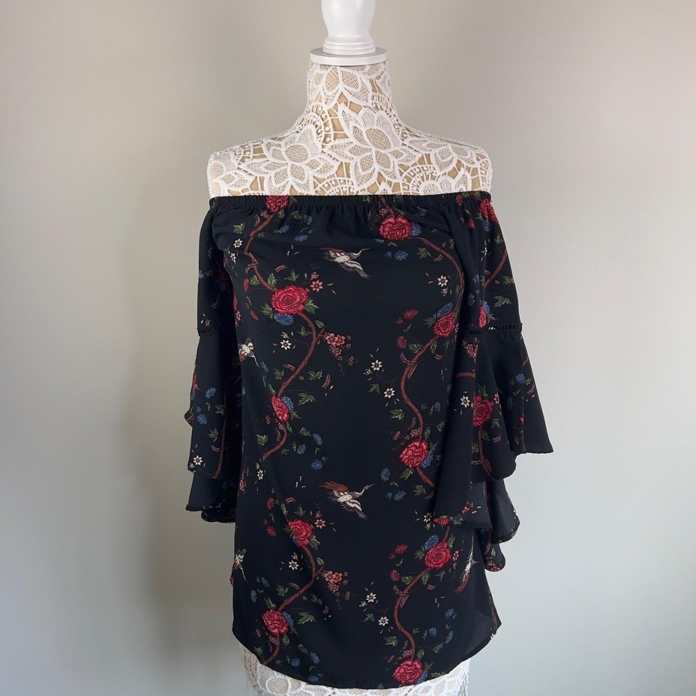 Wishful Whimsygoth Floral Crane Off-The-Shoulder Bell Sleeve Blouse